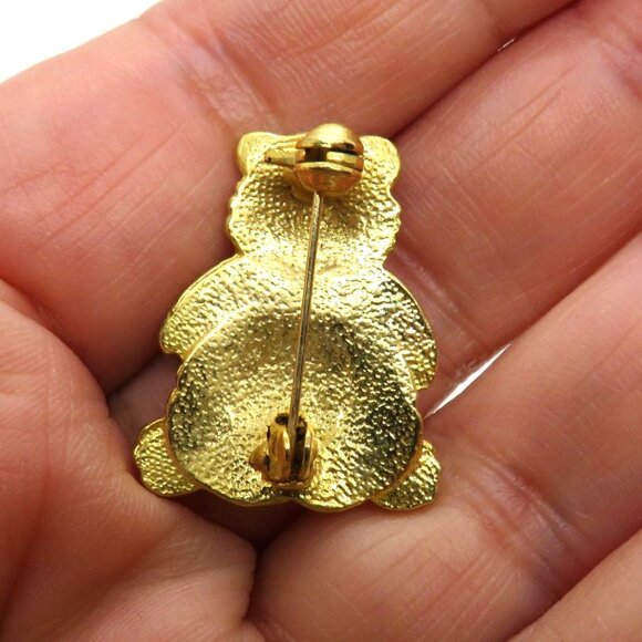 Vintage Teddy Bear Brooch Enamel Gold Tone 1" Pin Brown Cream - Picture 7 of 7